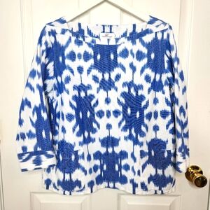 Vineyard Vines Ikat Blue White Top Boat Neck 3/4 Sleeves Size Large